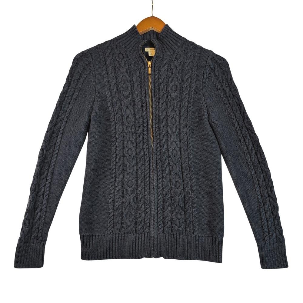 LL Bean Wmn Sm Navy Cable Knit Full Zip 100% Cotton Cardigan Sweater Cottagecore